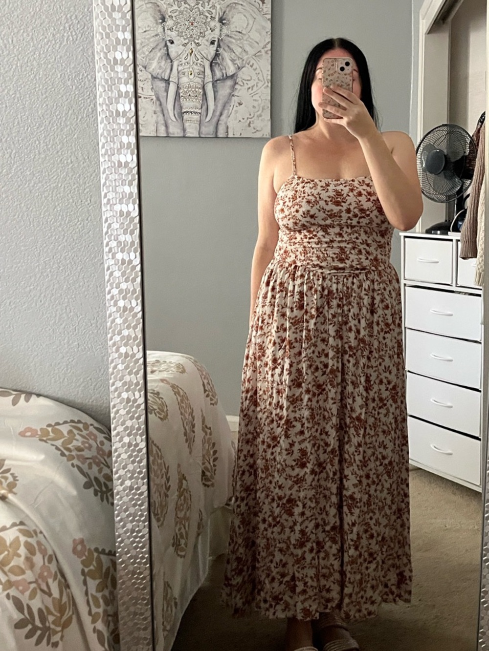 Floral Spaghetti-Strap Smocked Shirred Maxi Dress in Cream and Rust M Medium